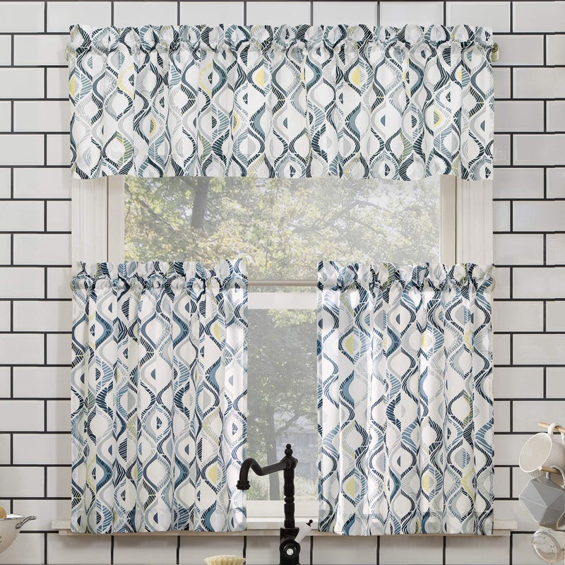 No. 918 Barker Geometric Semi-Sheer Rod Pocket Kitchen Curtain Valance and Tiers Set, 54" x 24", White - Image 1